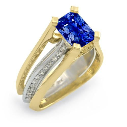 Two Tone Gold Diamond Ring Radiant Ceylon Sapphire 3 Carat Split Shank - Gemstone Ring-harrychadent.ca