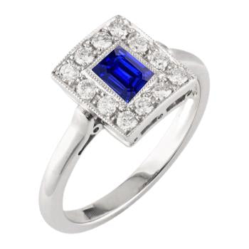 Vintage Style Halo Ring Emerald Shaped Sapphire 2 Carats Gold Milgrain - Gemstone Ring-harrychadent.ca