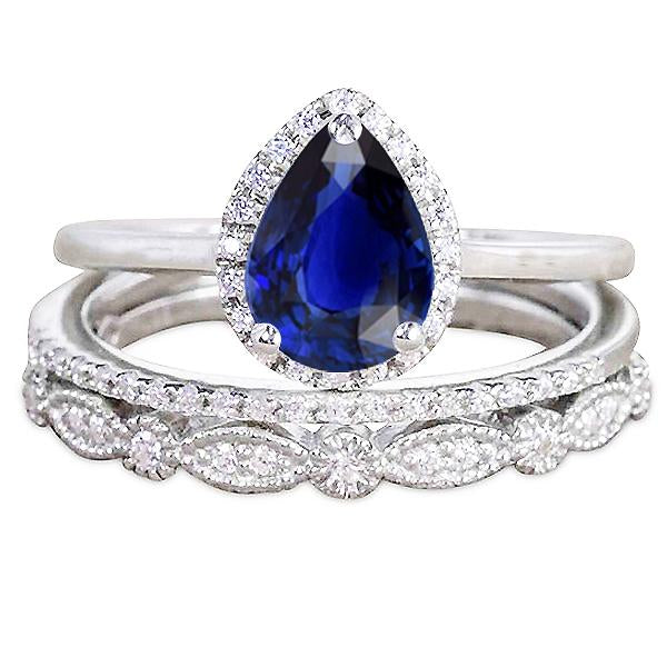 Vintage Style Halo Wedding Ring Pear Cut Blue Sapphire Set 3.50 Carats - Gemstone Ring-harrychadent.ca