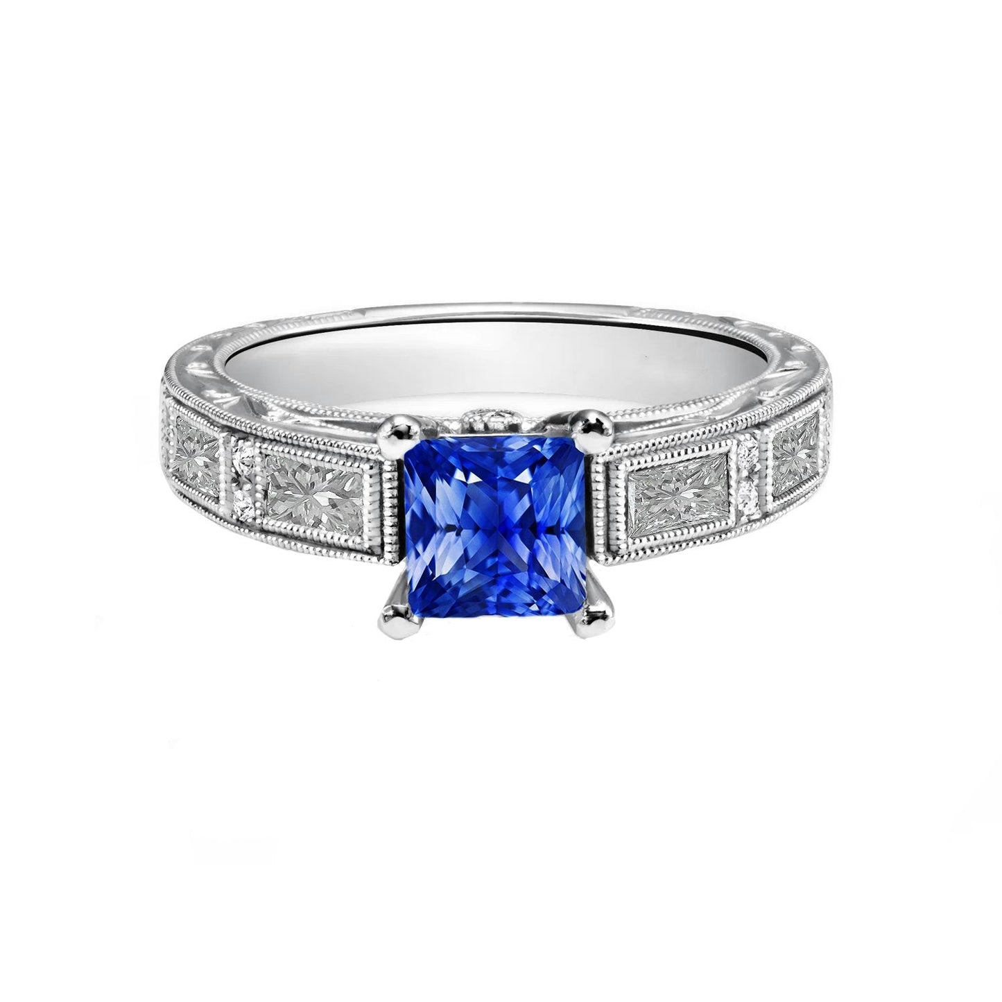 Vintage Style Princess Ceylon Sapphire & Diamond Ring 5.50 Carats - Gemstone Ring-harrychadent.ca