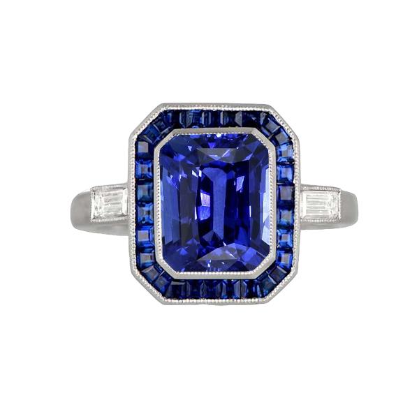 Women Halo Gemstone Blue Sapphires Ring 3.50 Carats Baguette Diamonds - Gemstone Ring-harrychadent.ca