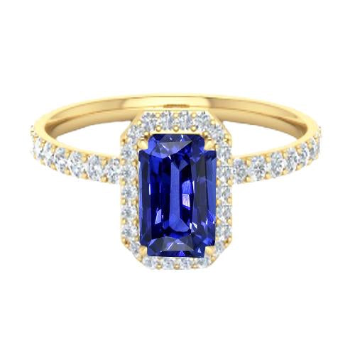 Women's Halo Ring Emerald Cut Ceylon Sapphire With Accents 3.50 Carats - Gemstone Ring-harrychadent.ca