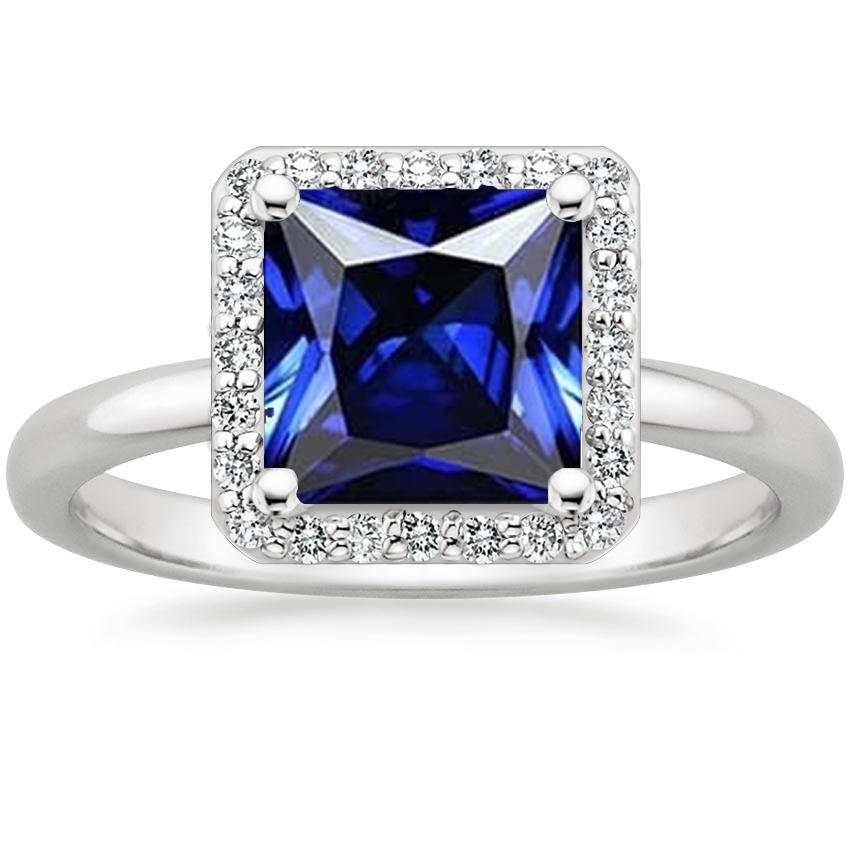 Women White Gold Diamond Halo Princess Blue Sapphire Ring 5.50 Carats - Gemstone Ring-harrychadent.ca