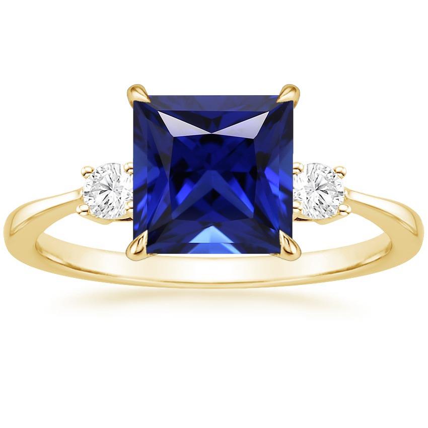Yellow Gold 3 Stone Ring Princess Blue Sapphire & Diamonds 5.25 Carats - Gemstone Ring-harrychadent.ca