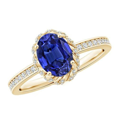 Yellow Gold Diamond Halo Ring Oval Cut Ceylon Sapphire New 5.50 Carats - Gemstone Ring-harrychadent.ca