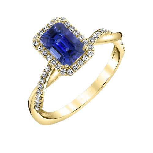 Yellow Gold Halo Ring Emerald Shaped Sri Lankan Sapphire 3 Carats - Gemstone Ring-harrychadent.ca