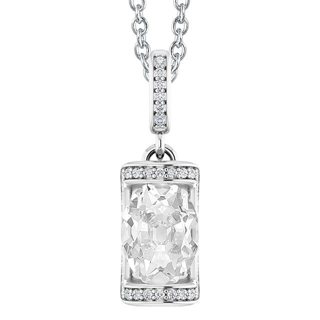 White Gold Diamond Pendant Bar Set Oval Old Cut 4 Carats 14K - Pendant-harrychadent.ca