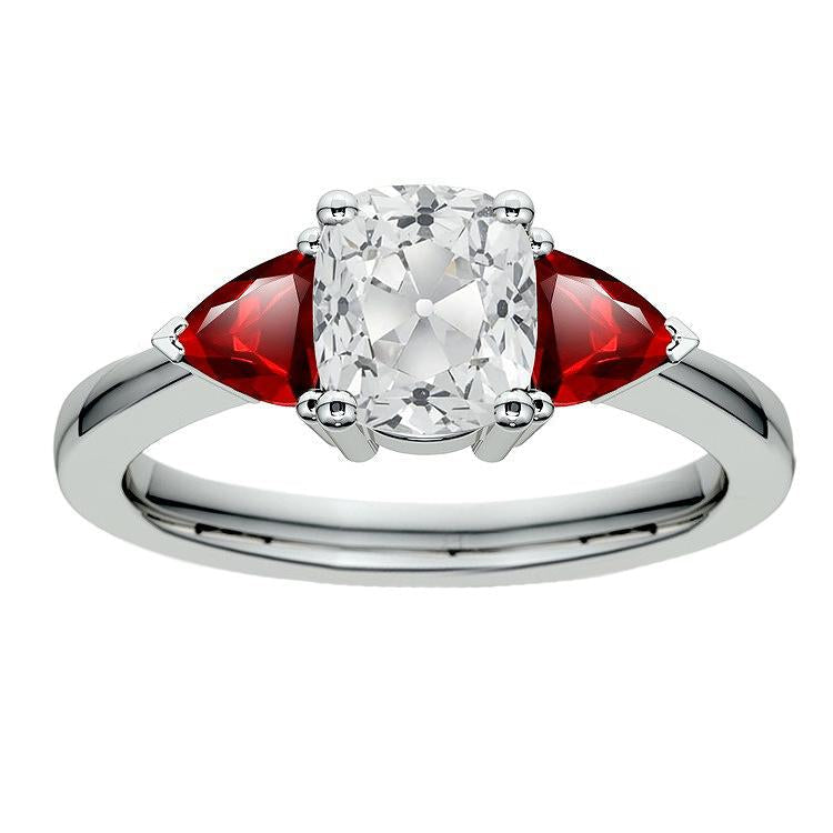 3 Stone Ring Cushion Old Miner Diamond Trillion Rubies 5.25 Carats - Three Stone Ring-harrychadent.ca