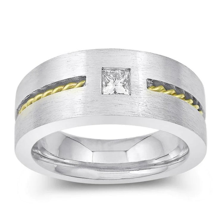 0.35 Carat Princess Cut Real Diamond Men's Solitaire Ring Two Tone Gold 14K