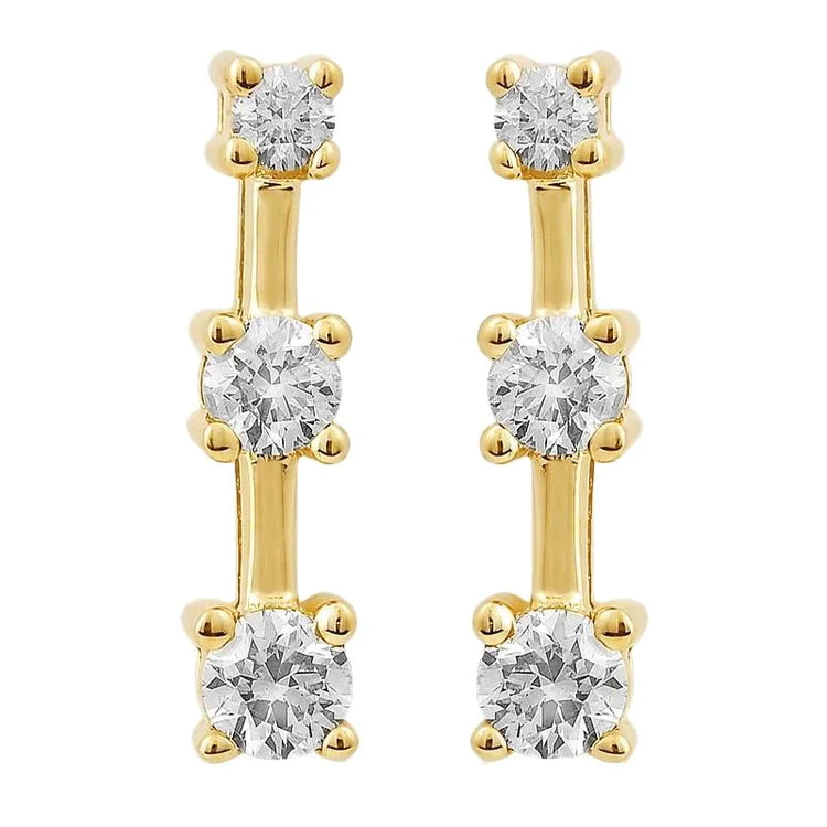 0.75 Carats Real Diamonds Three Stone Style Stud Earring Yellow Gold 14K