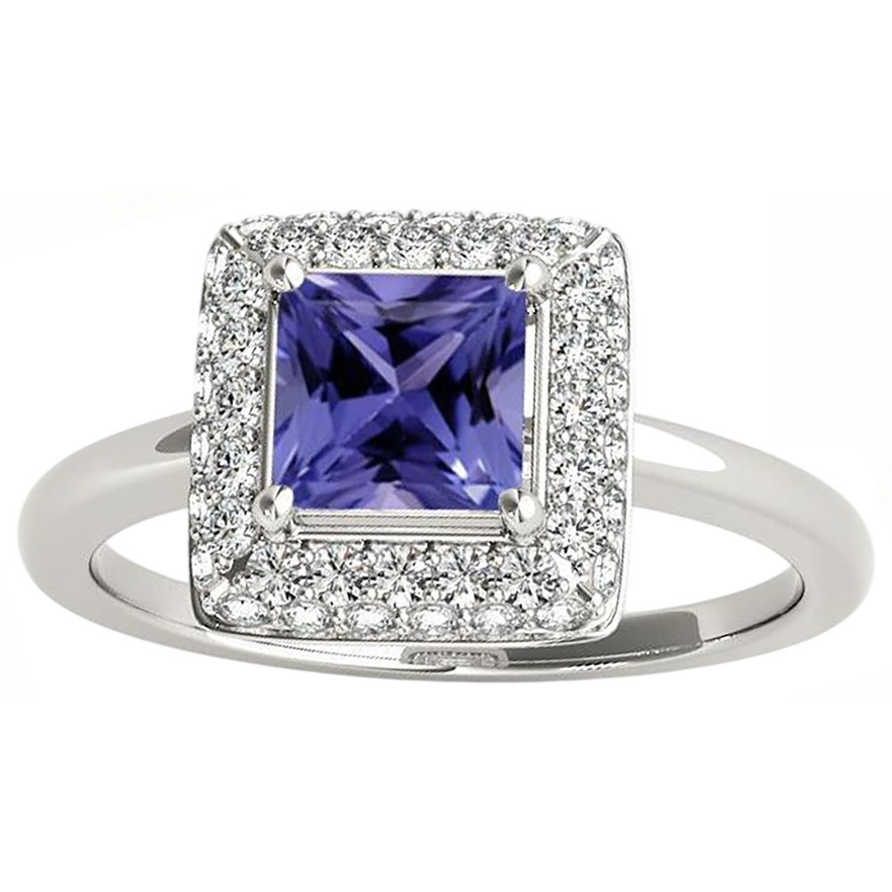 1.5 Ct Princess Cut Tanzanite With Natural Earth Mined Diamond ( Not Lab Grown )  Ring White Gold