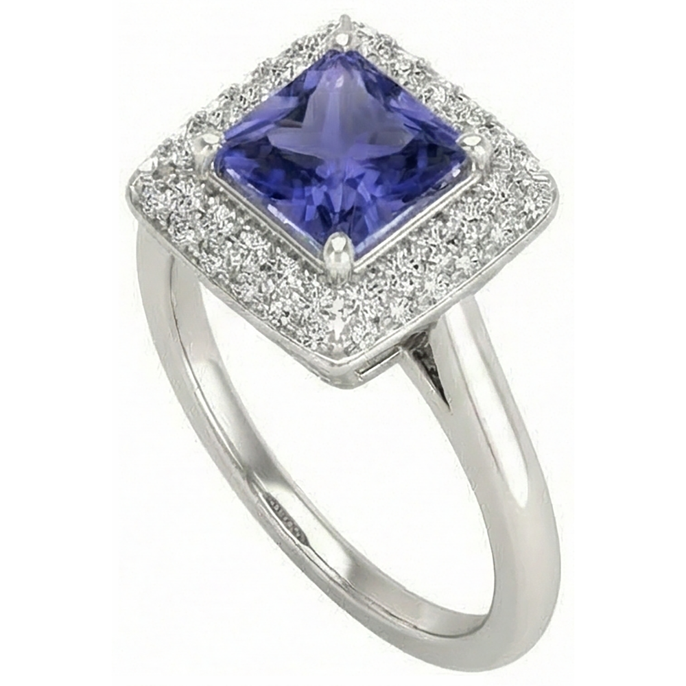 1.5 Ct Princess Cut Tanzanite With Natural Earth Mined Diamond ( Not Lab Grown )  Ring White Gold