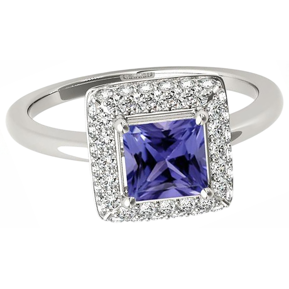 1.5 Ct Princess Cut Tanzanite With Natural Earth Mined Diamond ( Not Lab Grown )  Ring White Gold