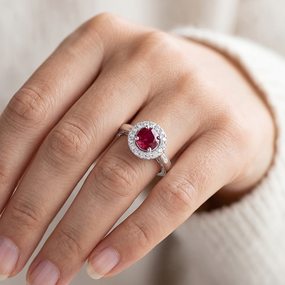 1.5 Ct Round Cut Red Sapphire Natural Earth Mined Diamond ( Not Lab Grown )  Ring White Gold