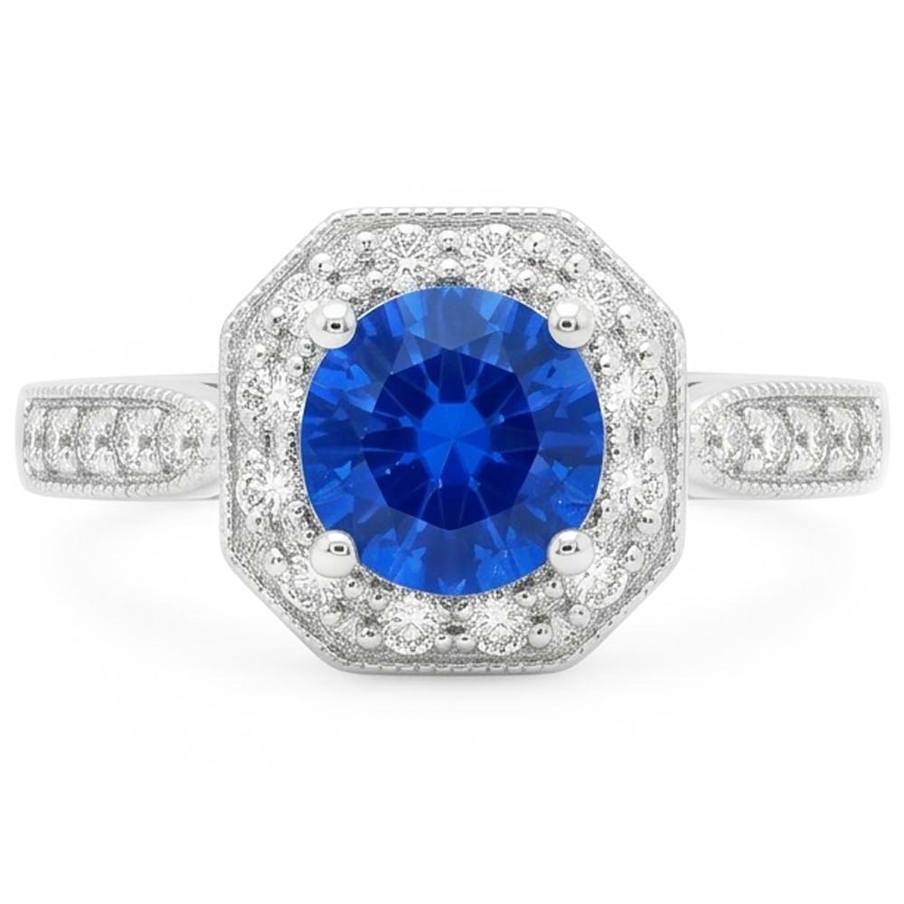 1.5 Ct Sapphire And Natural Earth Mined Diamond ( Not Lab Grown ) Wedding Ring 14K White Gold