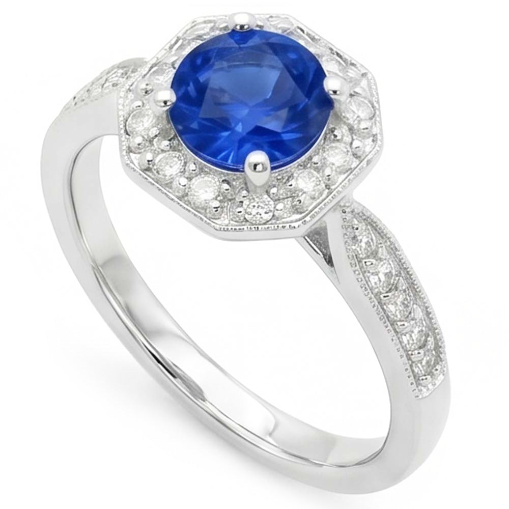 1.5 Ct Sapphire And Natural Earth Mined Diamond ( Not Lab Grown ) Wedding Ring 14K White Gold