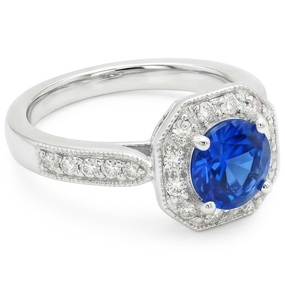 1.5 Ct Sapphire And Natural Earth Mined Diamond ( Not Lab Grown ) Wedding Ring 14K White Gold