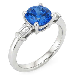 1.5 Ct Sri Lanka Sapphire And Baguette Natural Earth Mined Diamond ( Not Lab Grown )  3 Stone Ring