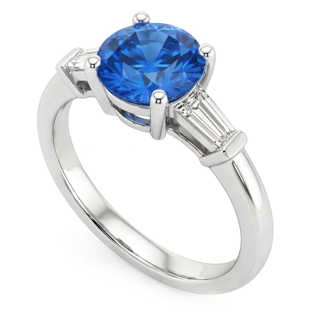 1.5 Ct Sri Lanka Sapphire And Baguette Natural Earth Mined Diamond ( Not Lab Grown )  3 Stone Ring