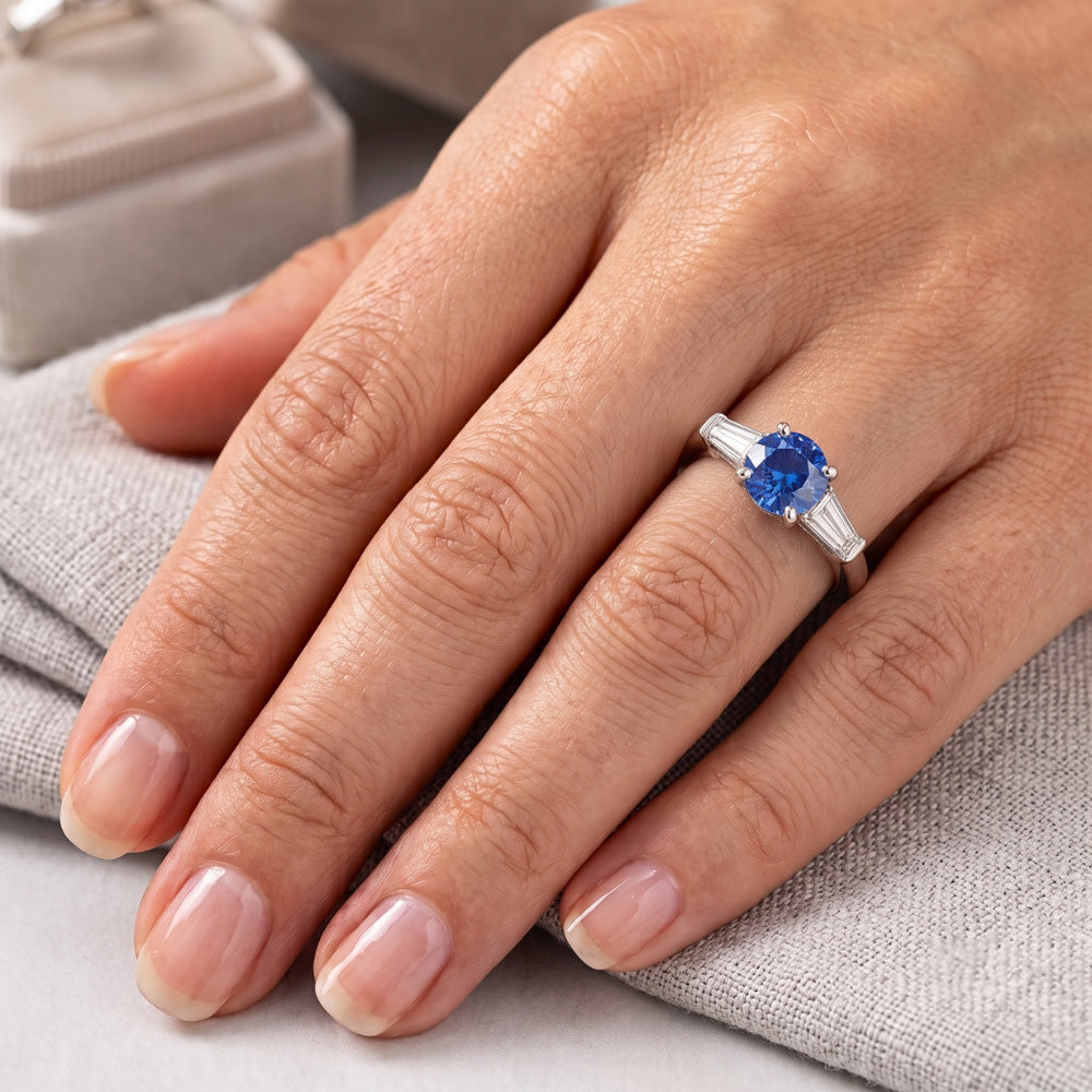 1.5 Ct Sri Lanka Sapphire And Baguette Natural Earth Mined Diamond ( Not Lab Grown )  3 Stone Ring