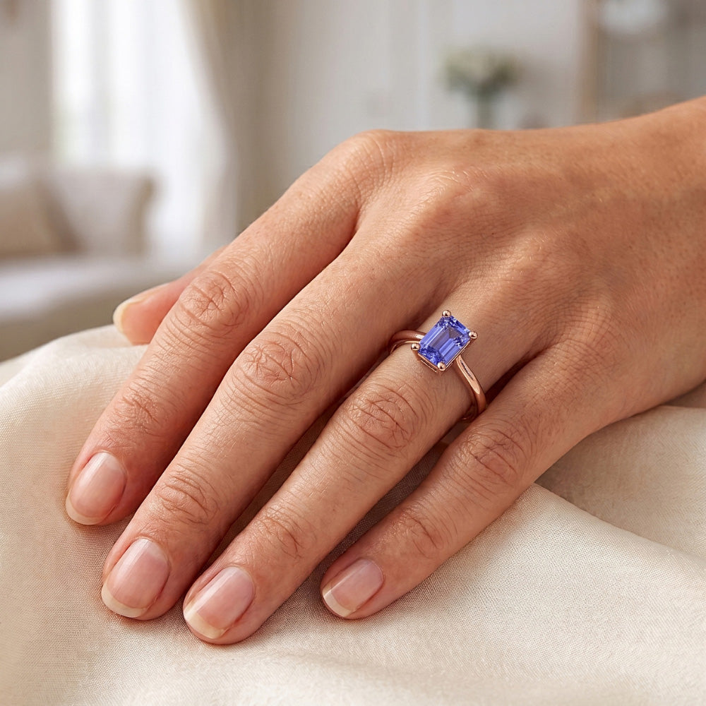 1.50 Carats Classic Solitaire Ring Emerald Blue Sapphire Rose Gold 14K