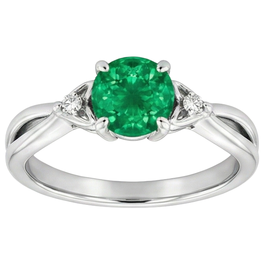 1.50 Carats Green Emerald Ring Twisted Shank White Gold 14K
