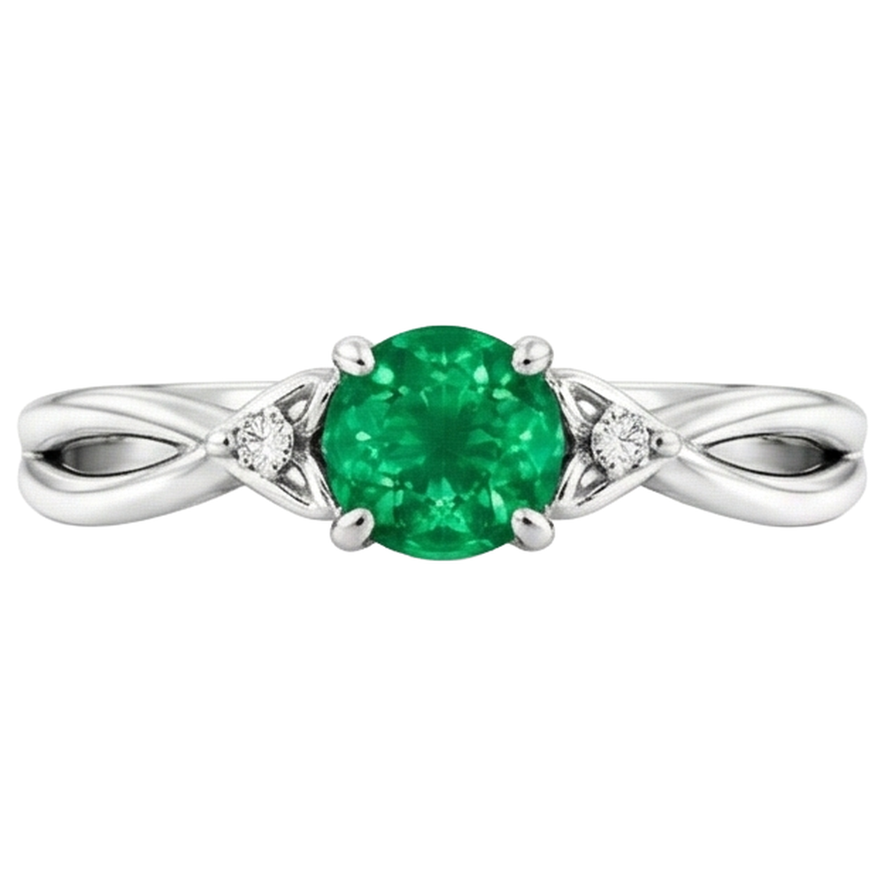 1.50 Carats Green Emerald Ring Twisted Shank White Gold 14K