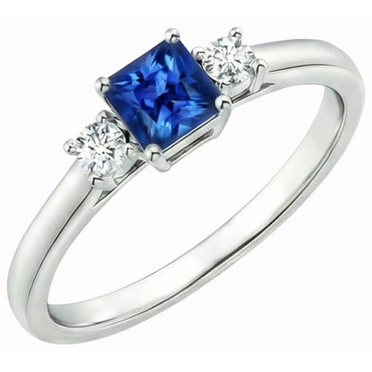 1.65 Ct Three Stone Ceylon Sapphire And Natural Earth Mined Diamond ( Not Lab Grown ) s Ring White Gold 14K