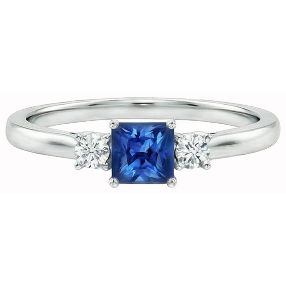 1.65 Ct Three Stone Ceylon Sapphire And Natural Earth Mined Diamond ( Not Lab Grown ) s Ring White Gold 14K