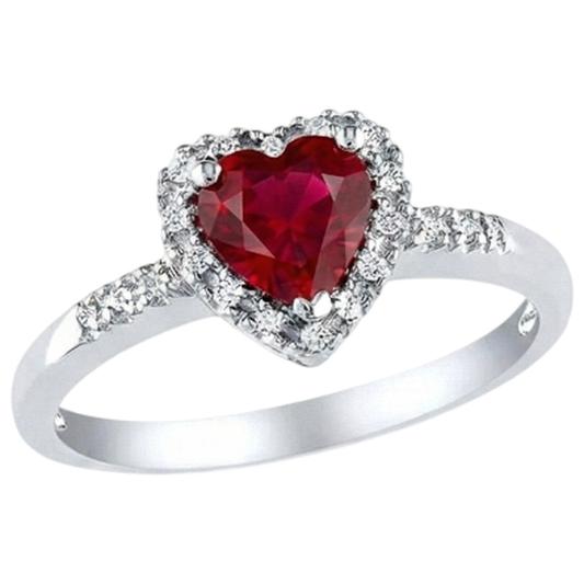 1.65 Heart Cut Red Ruby With Natural Earth Mined Diamond ( Not Lab Grown )  Halo Ring White Gold 14K