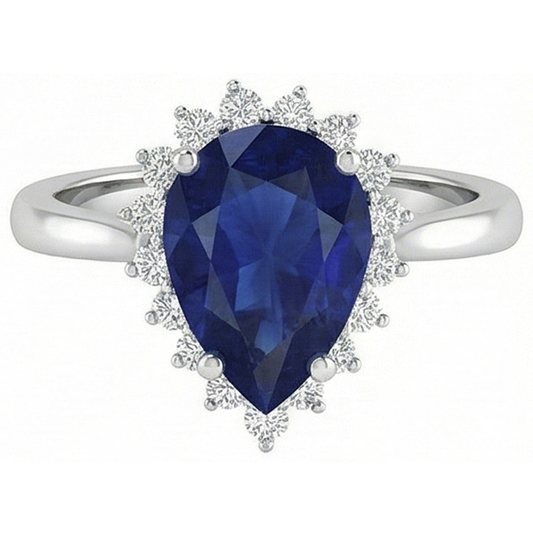 1.75 Ct Blue Pear Cut Sapphire With Natural Earth Mined Diamond ( Not Lab Grown ) Ring Lady Gold