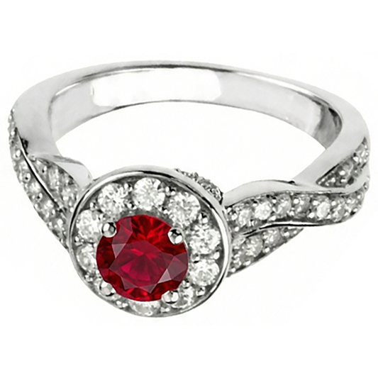 1.85 Carats Red Round Halo Ruby Natural Earth Mined Diamond ( Not Lab Grown )  Ring White Gold 14K