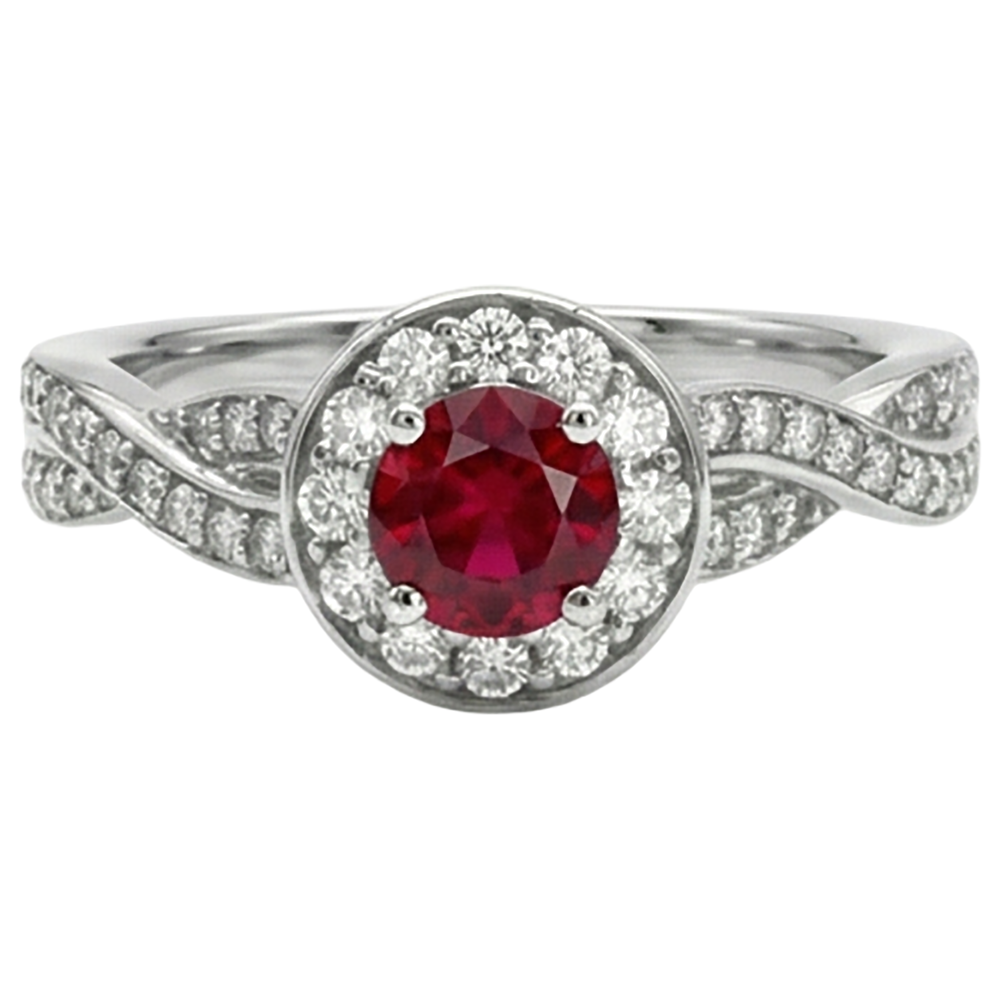 1.85 Carats Red Round Halo Ruby Natural Earth Mined Diamond ( Not Lab Grown )  Ring White Gold 14K