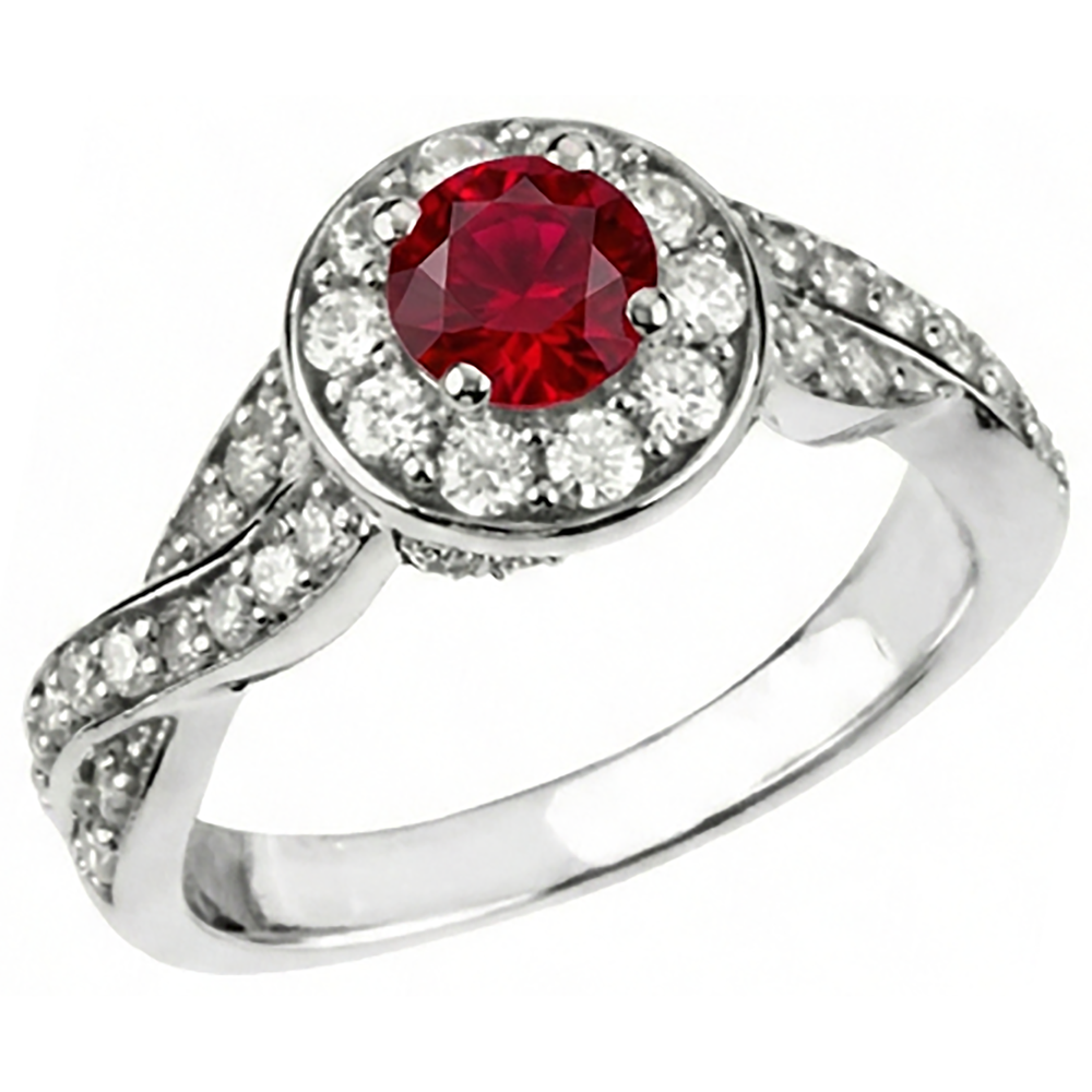 1.85 Carats Red Round Halo Ruby Natural Earth Mined Diamond ( Not Lab Grown )  Ring White Gold 14K