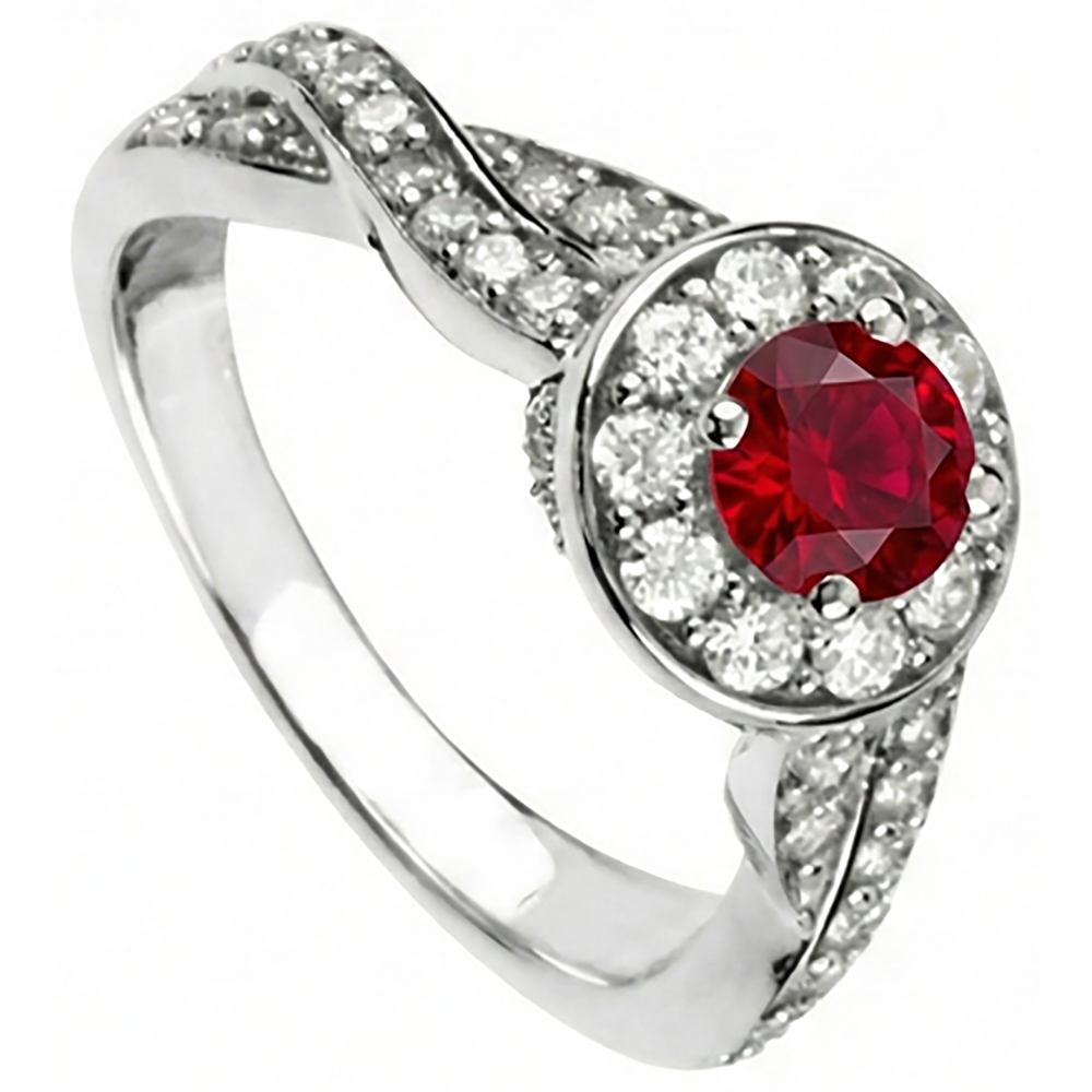 1.85 Carats Red Round Halo Ruby Natural Earth Mined Diamond ( Not Lab Grown )  Ring White Gold 14K