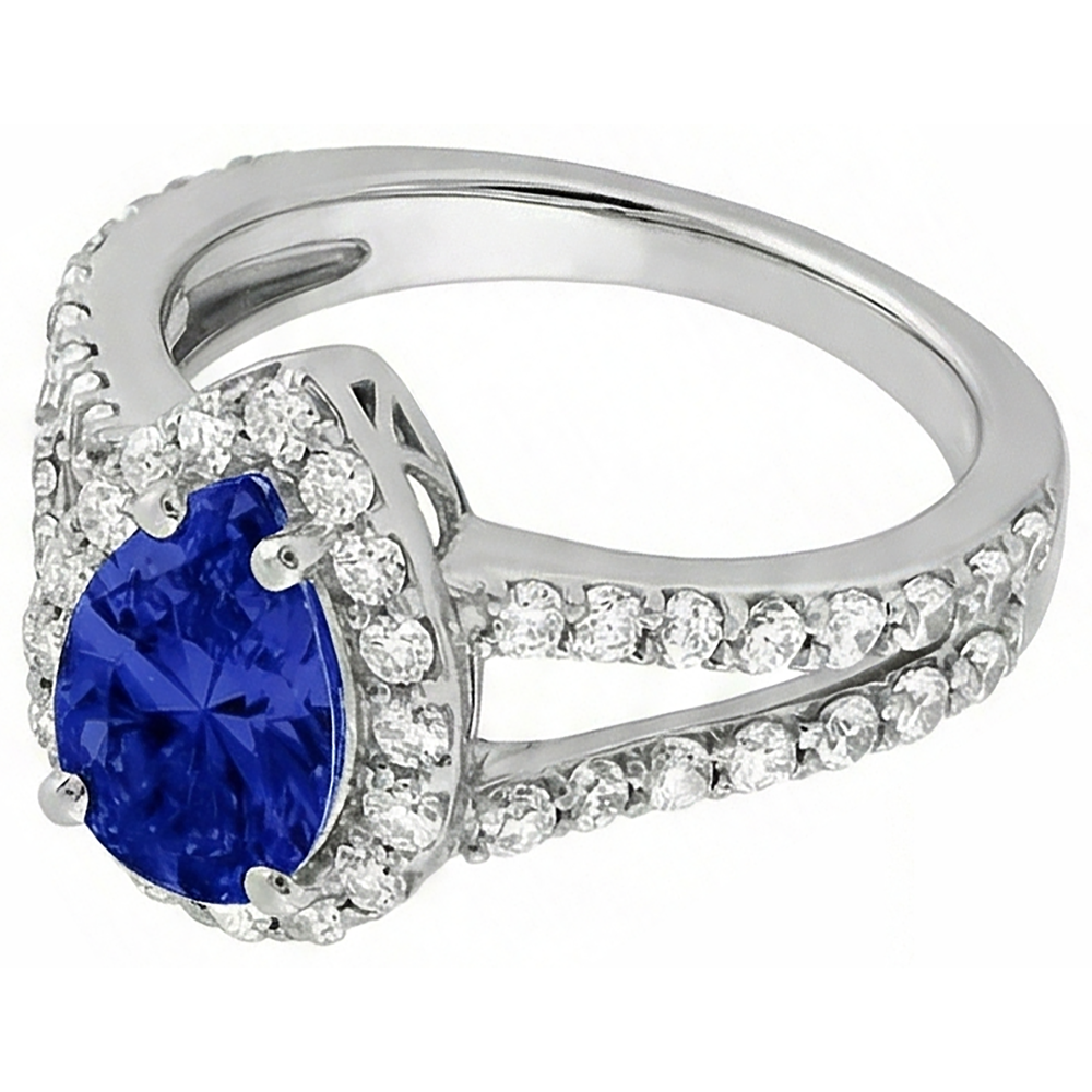 1.85 Ct Blue Pear Cut Tanzanite With Natural Earth Mined Diamonds Ring White Gold