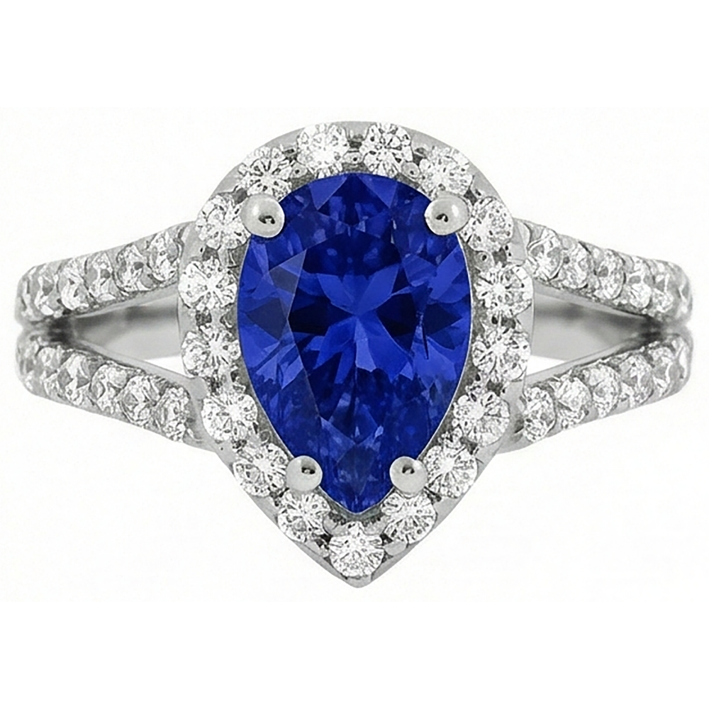 1.85 Ct Blue Pear Cut Tanzanite With Natural Earth Mined Diamonds Ring White Gold
