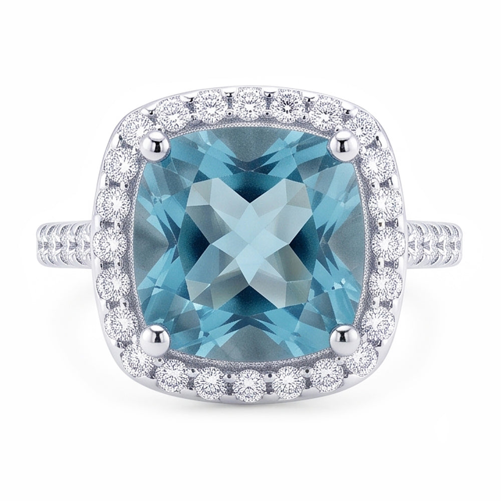 1.91 Carats Blue Cushion Halo Center Gemstone Ring White Gold 14K