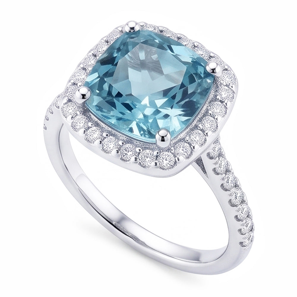 1.91 Carats Blue Cushion Halo Center Gemstone Ring White Gold 14K