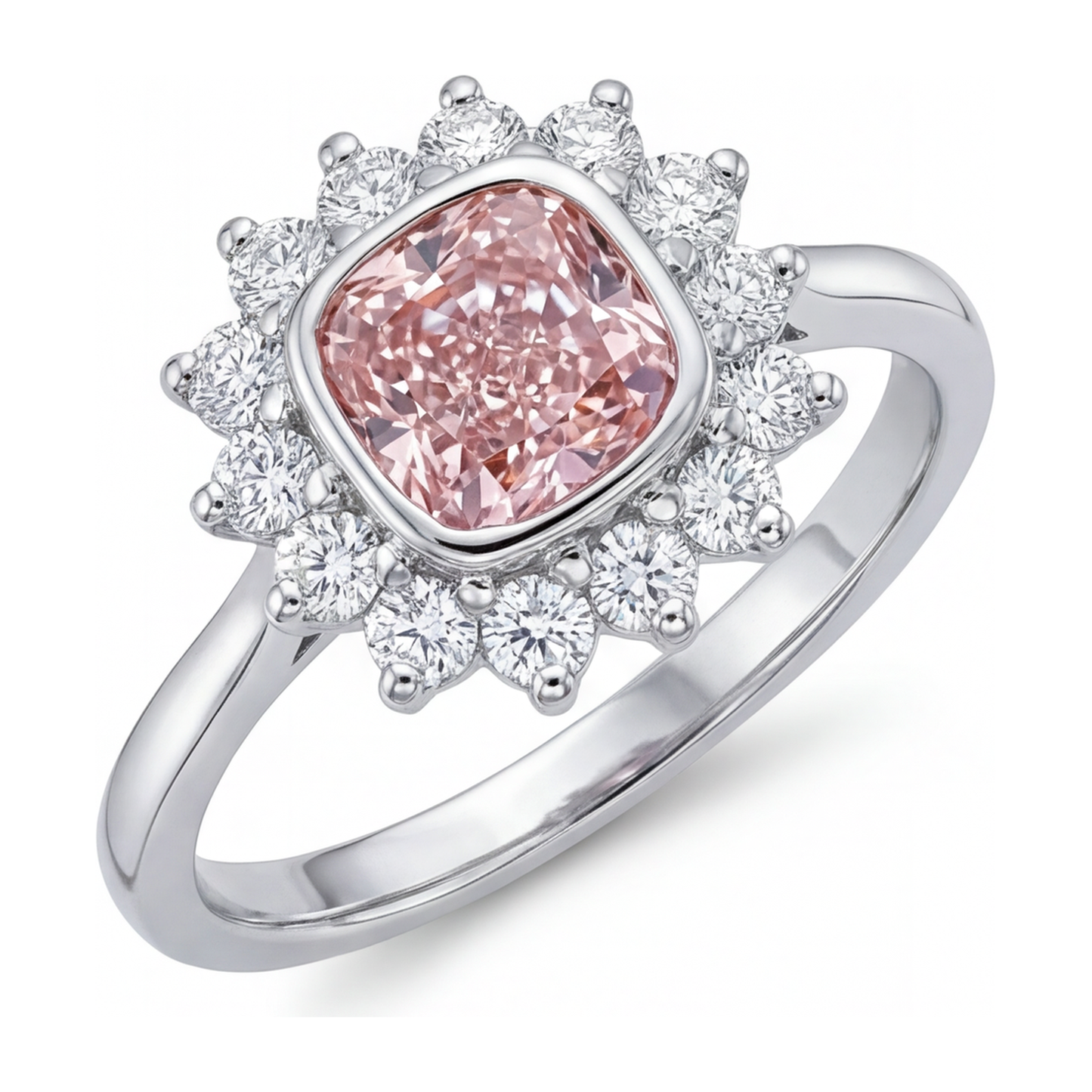Pink Gem Engagement Ring 1 Carat Lab Grown Cushion Diamond Halo 14K White Gold