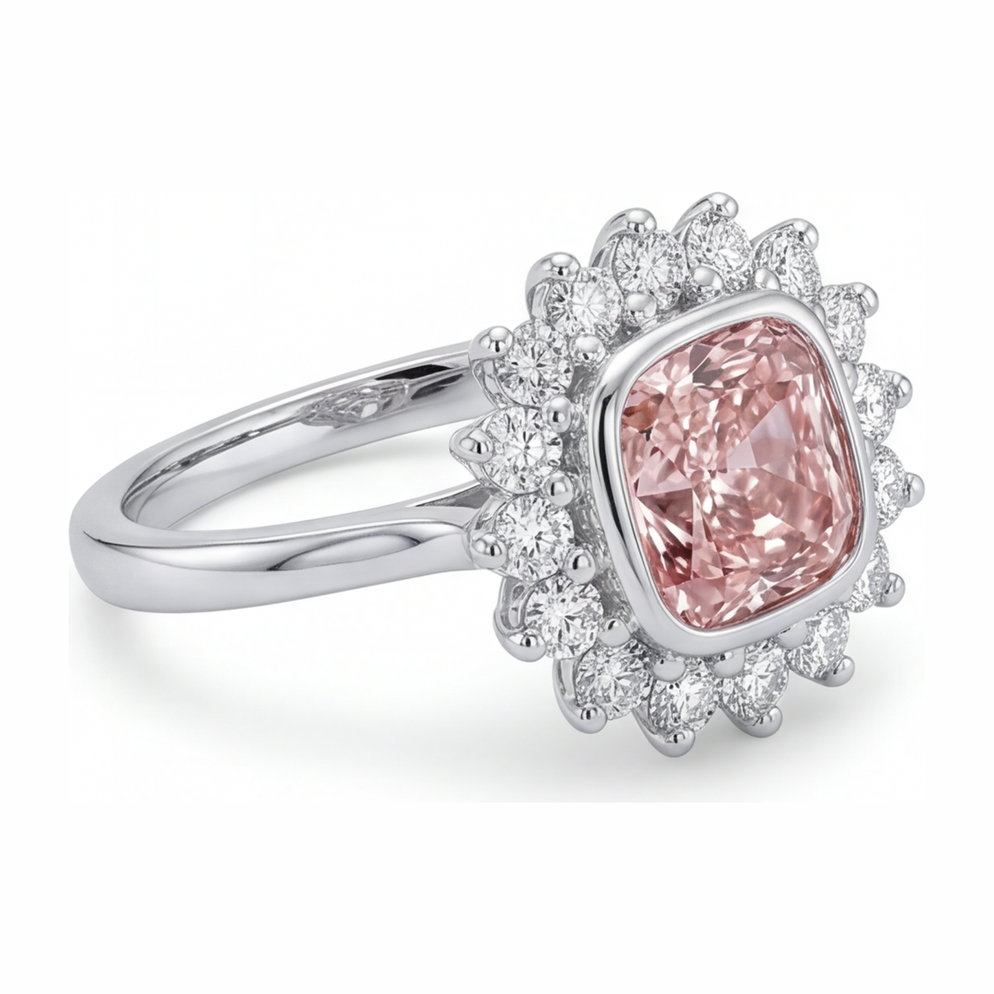 Pink Gem Engagement Ring 1 Carat Lab Grown Cushion Diamond Halo 14K White Gold