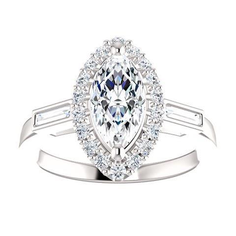 1.30 Carats Marquise Center Genuine Diamond And Baguette Halo Engagement Ring