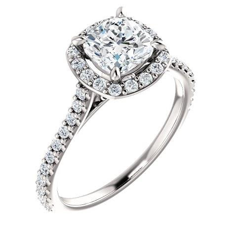 1.35 Ct Halo Cushion & Round Real Diamond Wedding Ring Band 14K White Gold