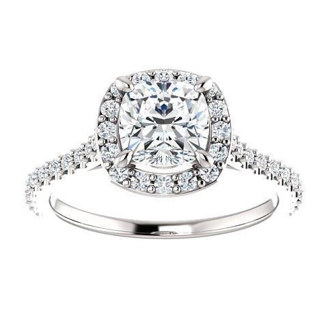 1.35 Ct Halo Cushion & Round Real Diamond Wedding Ring Band 14K White Gold