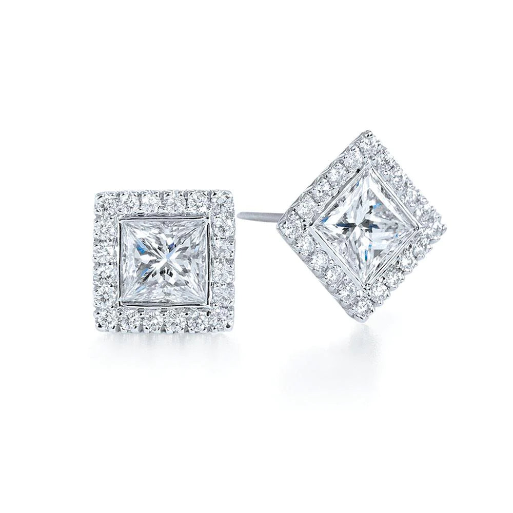 1.4 Ct Princess Cut Real Diamond Halo Diamond Stud Earrings