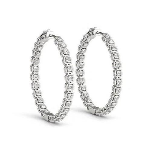 1.50 Carat Round Genuine Diamonds Hoop Earrings Solid Gold 14K Earring