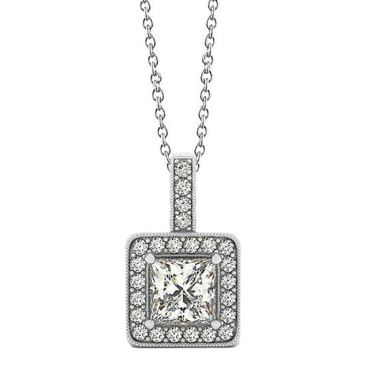 1.50 Carats Princess Natural Diamond Pendant Necklace WG 14K Without Chain