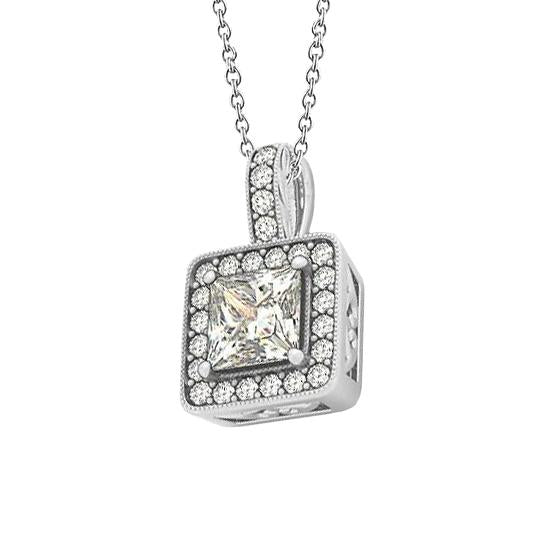 1.50 Carats Princess Natural Diamond Pendant Necklace WG 14K Without Chain