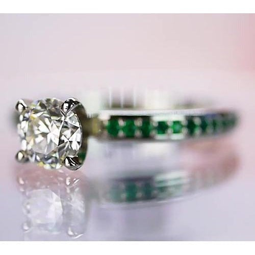 1.50 Carats Real Diamond Round Emerald Ring White Gold 14K