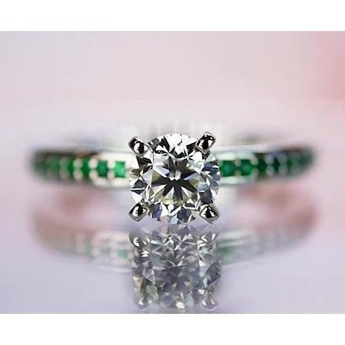 1.50 Carats Real Diamond Round Emerald Ring White Gold 14K